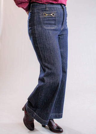 Charlie B Cropped Patch Pocket Wide Leg Jeans with Horsebit Detail