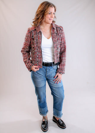Liverpool V Neck Double Layer Front Knit Top with 1/2 Sleeves Model View -Fashion Crossroads Inc