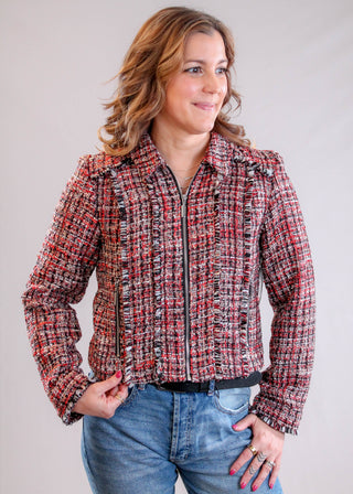 Liverpool Zip Jacket with Fringe Trim Front View - Fashion Crossroads Inc