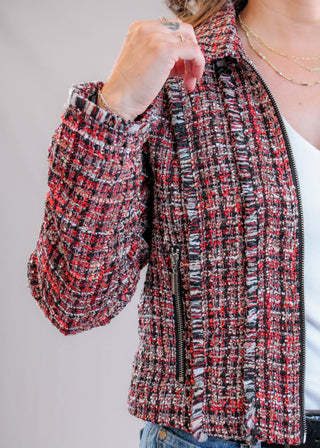 Liverpool Zip Jacket with Fringe Trim Detail View - Fashion Crossroads Inc