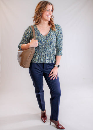 Liverpool V Neck Top with 3/4 Ruched Sleeve Model View - Fashion Crossroads Inc