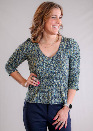 Liverpool V Neck Top with 3/4 Ruched Sleeve Front View - Fashion Crossroads Inc