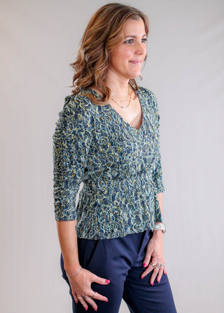 Liverpool V Neck Top with 3/4 Ruched Sleeve Side View - Fashion Crossroads Inc