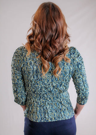 Liverpool V Neck Top with 3/4 Ruched Sleeve Back View - Fashion Crossroads Inc