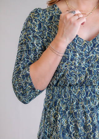 Liverpool V Neck Top with 3/4 Ruched Sleeve Detail View - Fashion Crossroads Inc