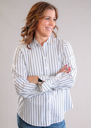 Liverpool Adjustable Sleeve Button Front Woven Top Front View - Fashion Crossroads Inc