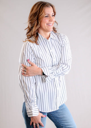 Liverpool Adjustable Sleeve Button Front Woven Top Side View - Fashion Crossroads Inc