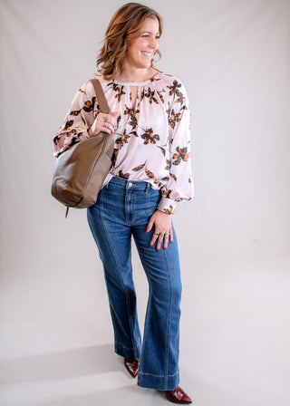 Liverpool Long Sleeve Woven Blouse with Button Detail Model View - Fashion Crossroads Inc