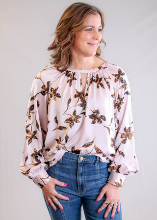 Liverpool Long Sleeve Woven Blouse with Button Detail Front View - Fashion Crossroads Inc