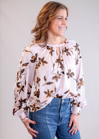 Liverpool Long Sleeve Woven Blouse with Button Detail Side View - Fashion Crossroads Inc