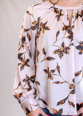 Liverpool Long Sleeve Woven Blouse with Button Detail Front View - Fashion Crossroads Inc