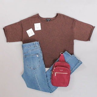 Blu Pepper Raw Edge Short Sleeve Knit Boxy Sweater