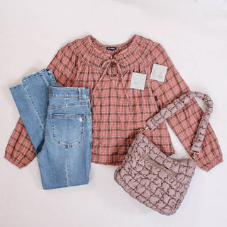Blu Pepper Long Sleeve Plaid Top with Shirred Yoke and Front Tie