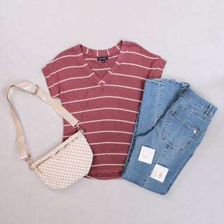 Blu Pepper Stripe V Neck Cuffed Sleeve Knit Top