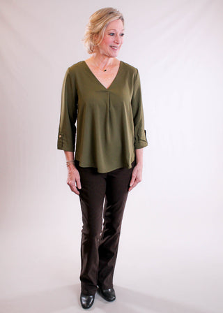 MINE V Neck 3/4 Sleeve Blouse model view - Fashion Crossroads Inc