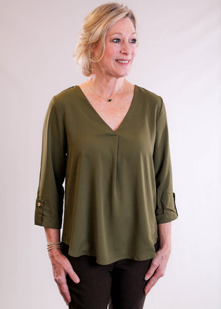 MINE V Neck 3/4 Sleeve Blouse front view - Fashion Crossroads Inc