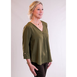 MINE V Neck 3/4 Sleeve Blouse side view - Fashion Crossroads Inc