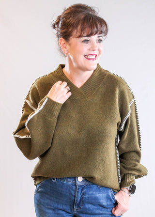 Democracy Blanket Stitch Sweater with Long Blouson Sleeves front view - Fashion Crossroads Inc.