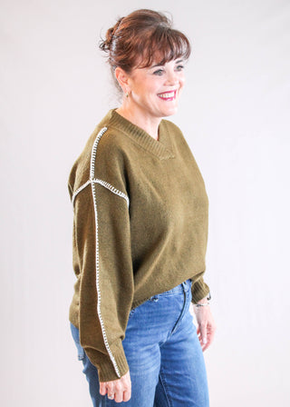 Democracy Blanket Stitch Sweater with Long Blouson Sleeves side view - Fashion Crossroads Inc.