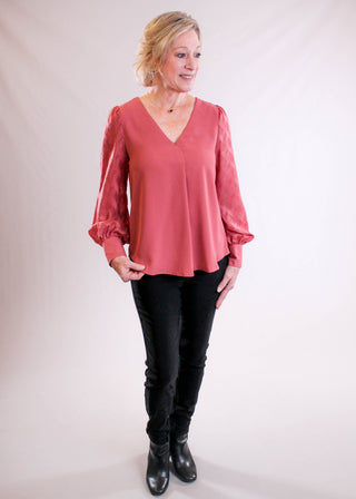 MINE V Neck Top with Sheer Sleeves and Back Buttons model view - Fashion Crossroads Inc