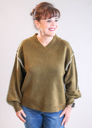 Democracy Blanket Stitch Sweater with Long Blouson Sleeves untucked view - Fashion Crossroads Inc.