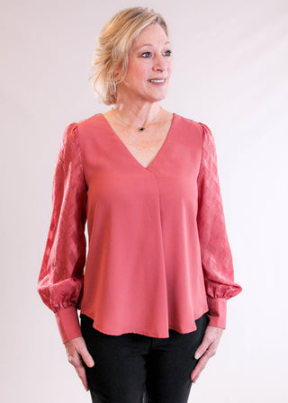 MINE V Neck Top with Sheer Sleeves and Back Buttons front view - Fashion Crossroads Inc