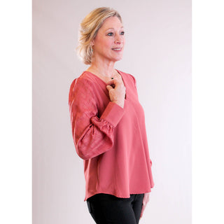 MINE V Neck Top with Sheer Sleeves and Back Buttons side view - Fashion Crossroads Inc