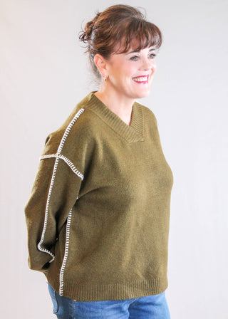 Democracy Blanket Stitch Sweater with Long Blouson Sleeves side view - Fashion Crossroads Inc.