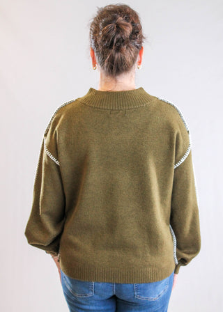 Democracy Blanket Stitch Sweater with Long Blouson Sleeves back view - Fashion Crossroads Inc.