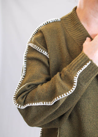 Democracy Blanket Stitch Sweater with Long Blouson Sleeves seam view - Fashion Crossroads Inc.