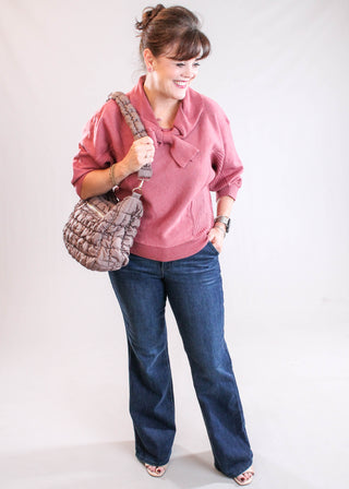 Democracy 3/4 Dolman Sleeve Sweater with Wrapped Tie Neck styled view - Fashion Crossroads Inc.