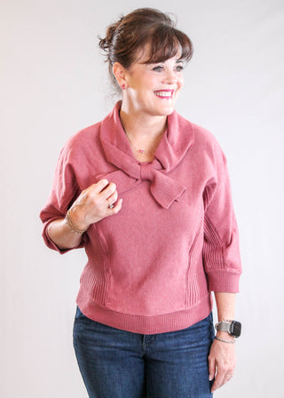 Democracy 3/4 Dolman Sleeve Sweater with Wrapped Tie Neck front view - Fashion Crossroads Inc.