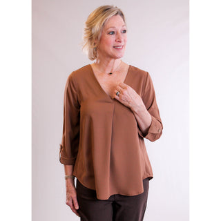 MINE V Neck 3/4 Sleeve Blouse front view - Fashion Crossroads Inc