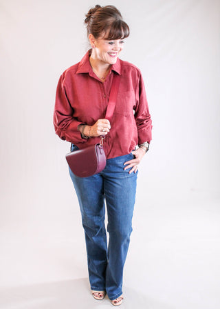 Democracy Button Down Bubble Hem Shirt with 3/4 Tucked Sleeve styled view - Fashion Crossroads Inc.