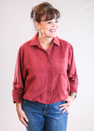 Democracy Button Down Bubble Hem Shirt with 3/4 Tucked Sleeve front view - Fashion Crossroads Inc.