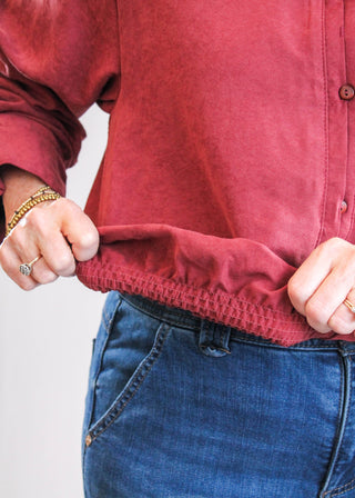 Democracy Button Down Bubble Hem Shirt with 3/4 Tucked Sleeve hem view - Fashion Crossroads Inc.