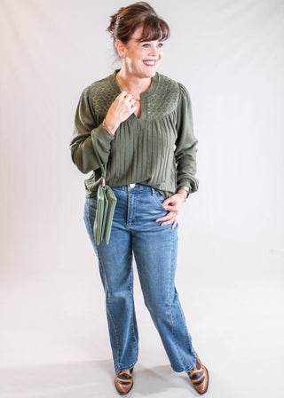 Democracy Absolution Skyrise Clean Finish Step Hem Barely Boot Jeans styled view- Fashion Crossroads