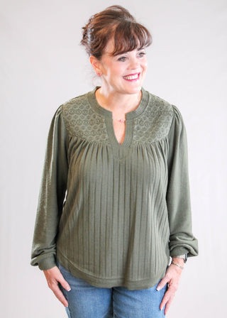 Democracy Long Sleeve Half Placket Top with Mandarin Collar front view - Fashion Crossroads Inc.