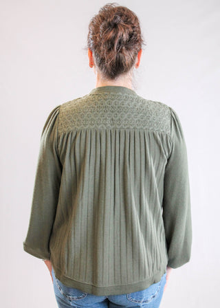 Democracy Long Sleeve Half Placket Top with Mandarin Collar back view - Fashion Crossroads Inc.
