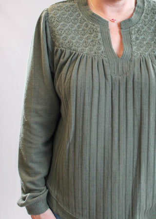 Democracy Long Sleeve Half Placket Top with Mandarin Collar detail view - Fashion Crossroads Inc.