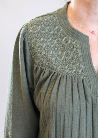 Democracy Long Sleeve Half Placket Top with Mandarin Collar detail view - Fashion Crossroads Inc.