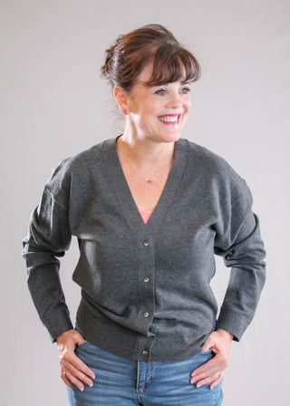 Democracy Button Down Mixed Media Cardigan with Cuffed Long Sleeve front view-Fashion Crossroads 