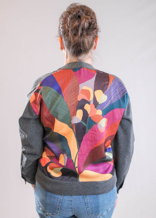 Democracy Button Down Mixed Media Cardigan with Cuffed Long Sleeve back view-Fashion Crossroads 