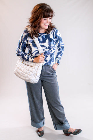 Tribal Sportswear Striped Wide Leg Cuffed Ankle Pant Model View - Fashion Crossroads Inc