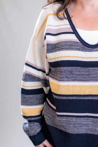 Tribal Sportswear Long Sleeve Waffle Knit Sweater in Sapphire Detail View - Fashion Crossroads Inc