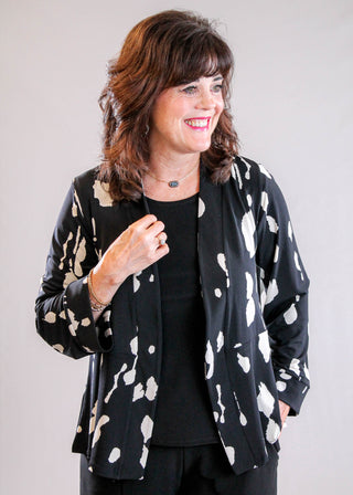 Sympli Coach Cardigan with Print in Black/Cashew Splatter
