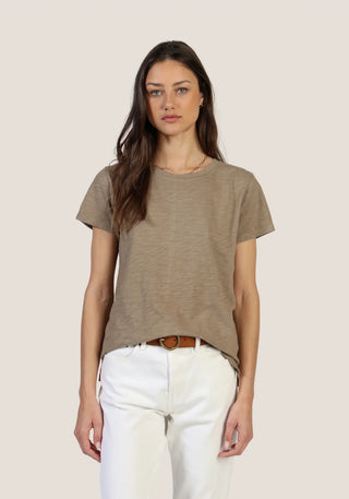 Dylan Ruffled Split V Neck Short Sleeve Cotton Top Light Olive front view - Fashion Crossroads Inc.