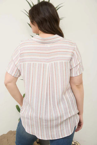 Blu Pepper Plus Size Striped Button Down Top with Short Sleeves back view - Fashion Crossroads Inc