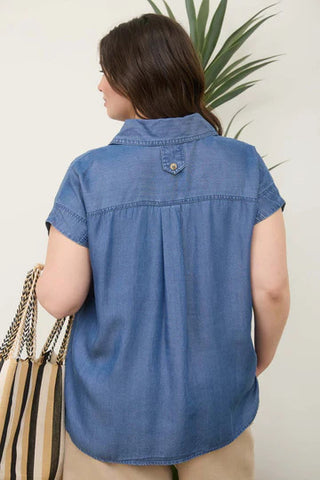 Blu Pepper Plus Size Button Down Short Sleeve Chambray Top back view - Fashion  Crossroads In