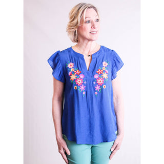 Blu Pepper Flutter Sleeve Blouse with Embroidered Flowers - Fashion Crossroads Inc